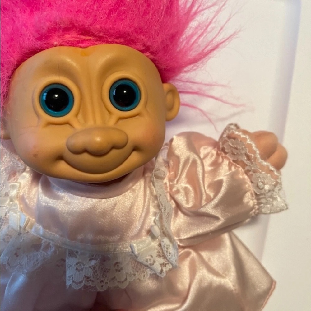 Pink-Haired Troll Doll with Lace Dress, Vintage